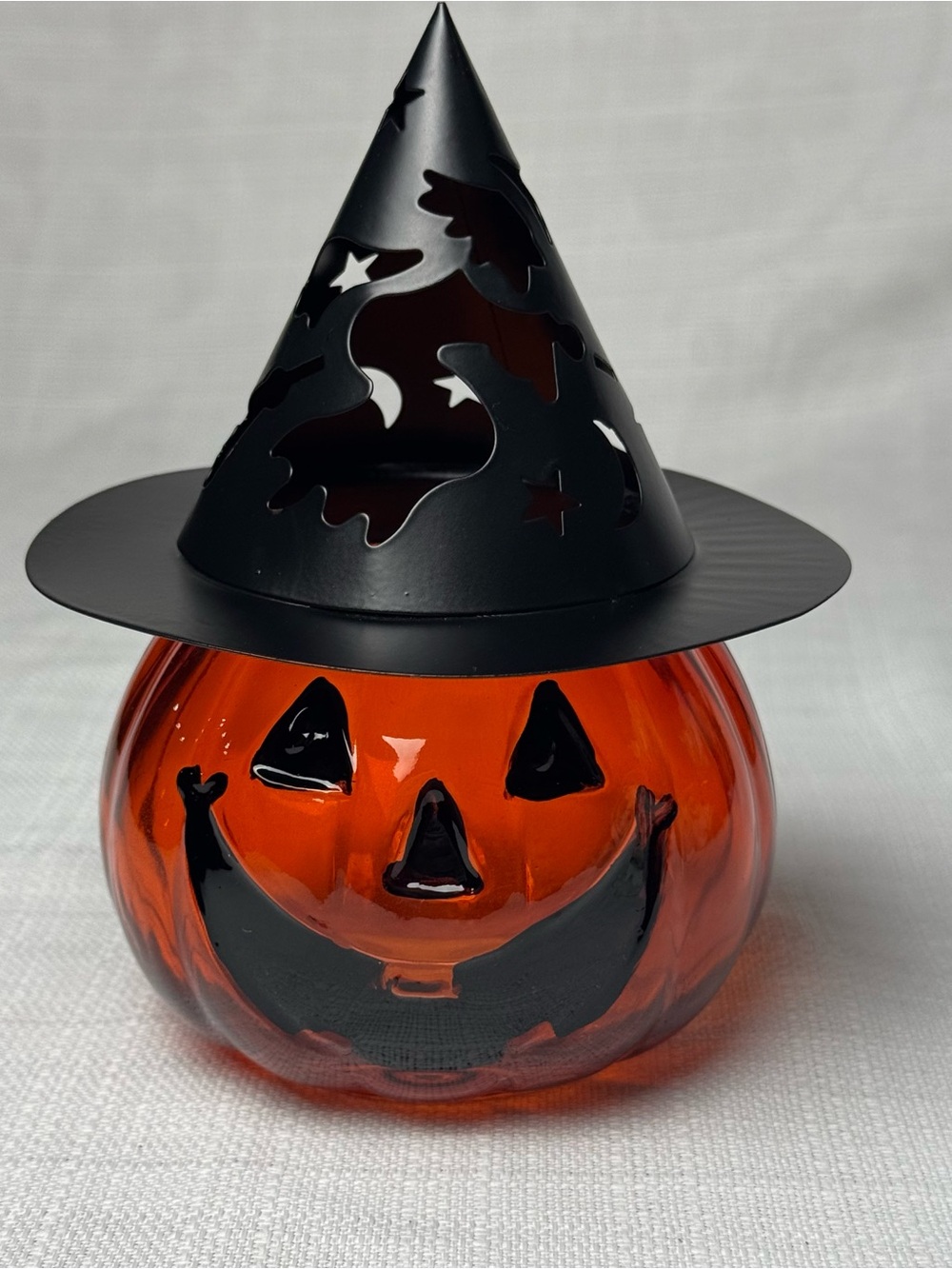Jack O Lantern Candle Tea Light Holder Glass/ Metal Hat with witch moon stars
